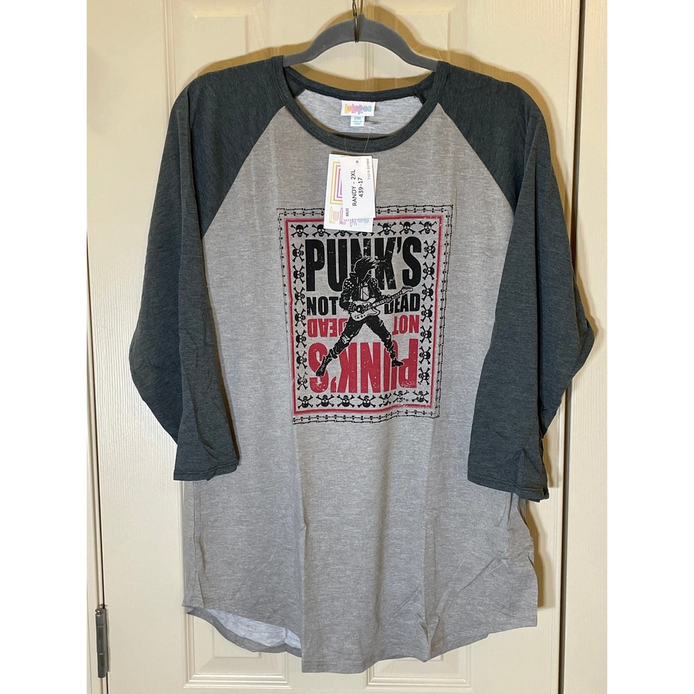 LuLaRoe Randy Top Women 2XL Gray NWT Punks Not Dead Graphic Raglan‎ Baseball Tee